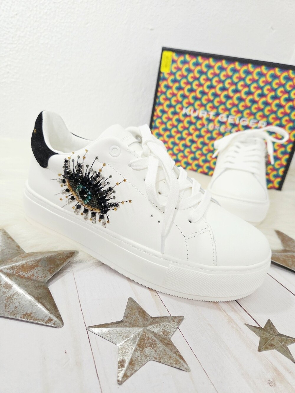 Kurt Geiger Laney evil eye sneakers beaded rhinestone white leather women 7 NWT